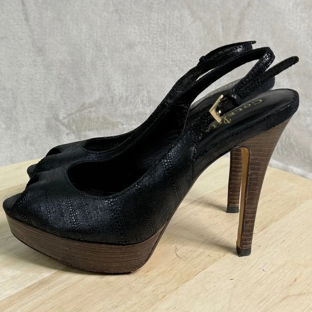Cole Haan NikeAir Black Snake Embossed Platform Slingback Peep Toe Heels 5.5B‎